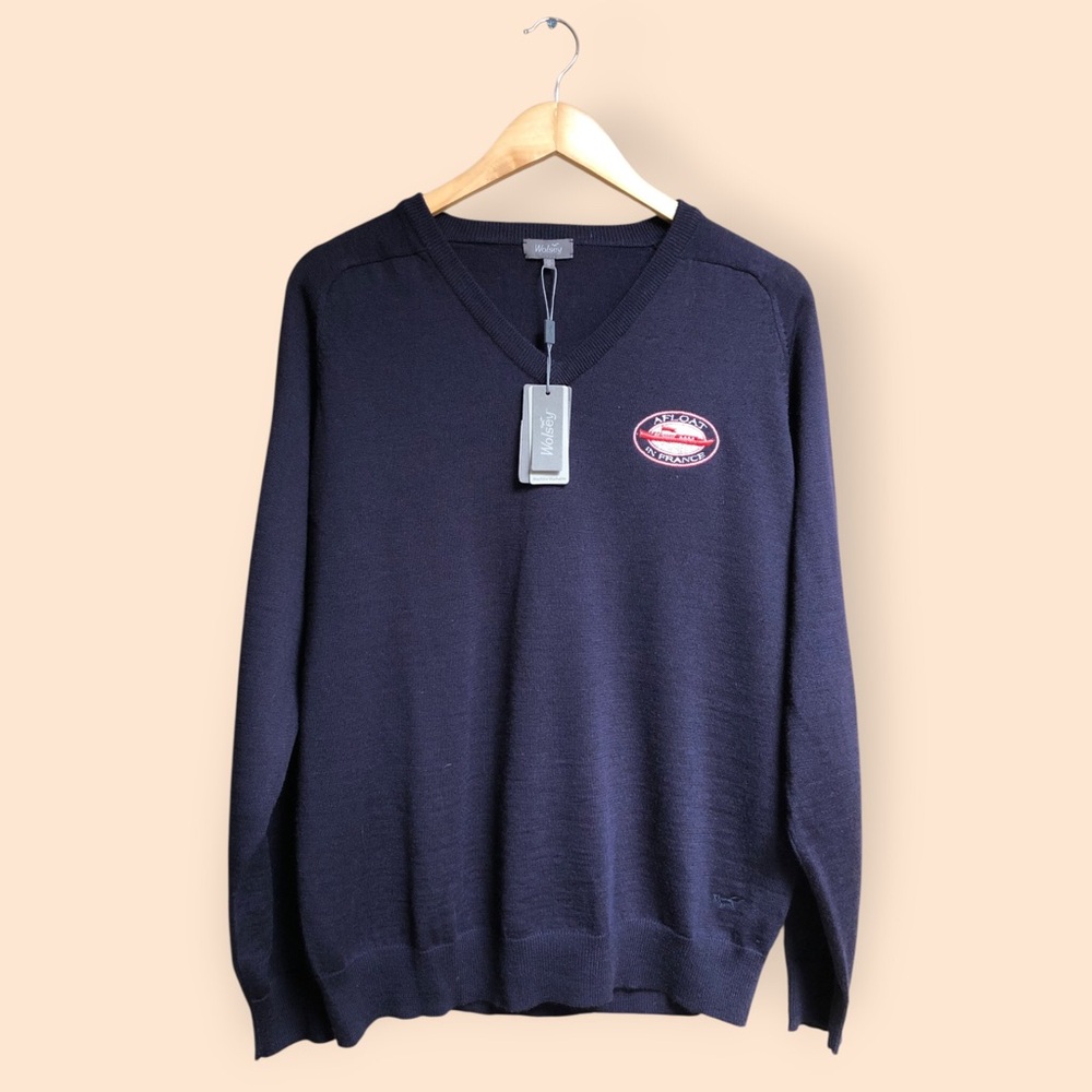 Wolsey NEW Navy Blue Merino Wool Sweater Embroidered Boat France Patch MENS M